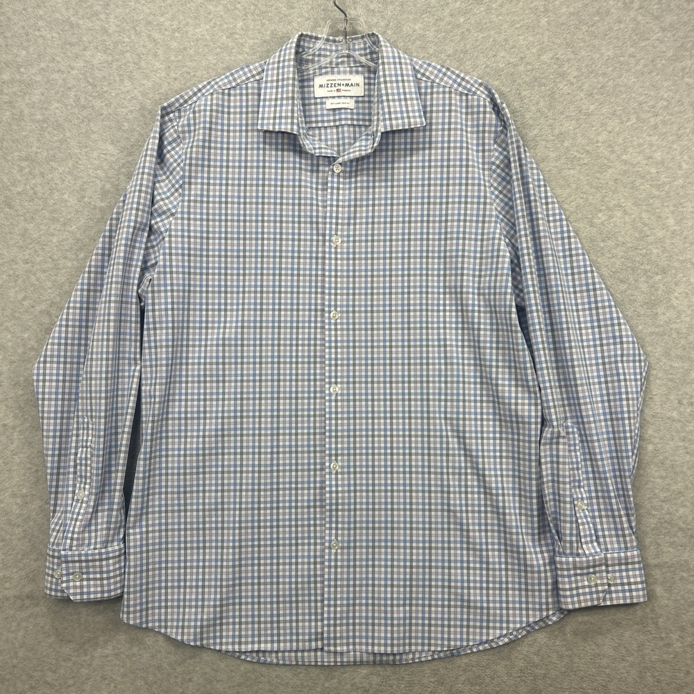 Mizzen + Main Shirt Mens XXL Trim Gray Blue Check Leeward Performance Active